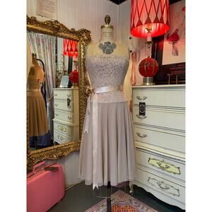 y2k champagne strapless lace mesh cocktail dress full skirt deadstock nwt small